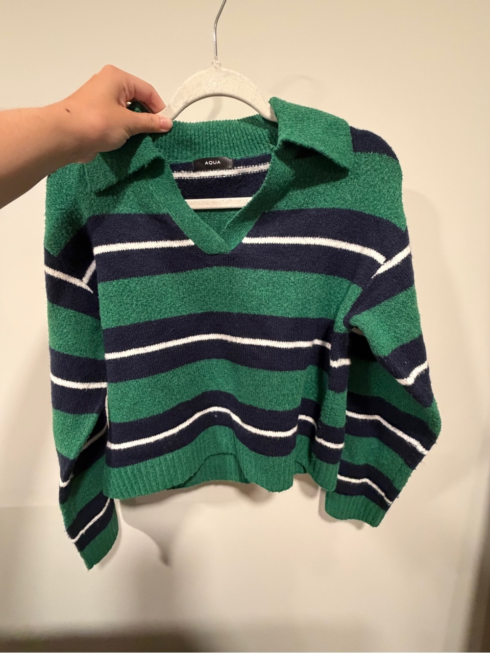 Aqua Green, Navy & White Striped Collared V-Neck Sweater